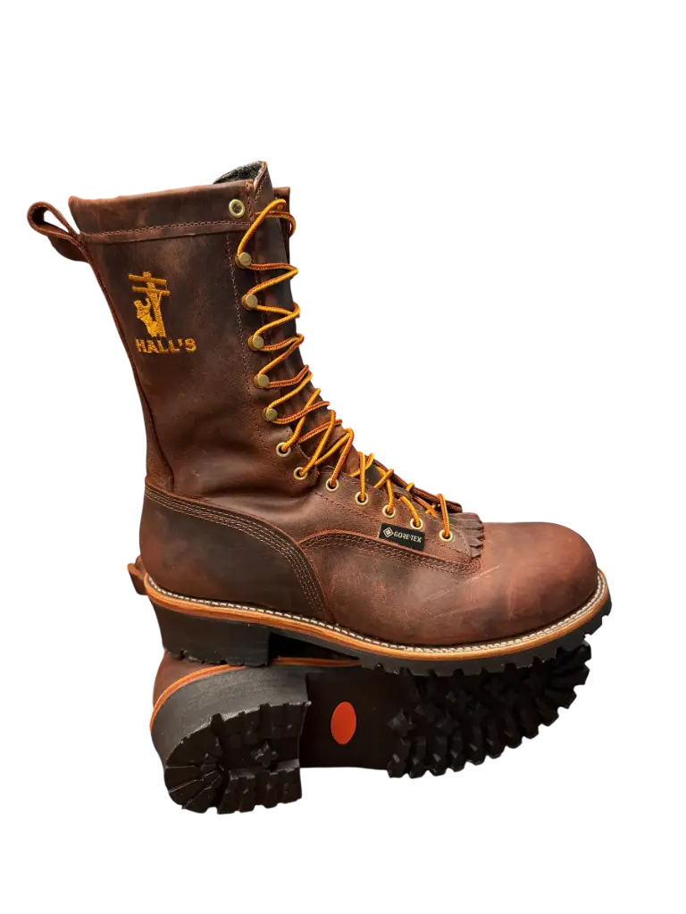 Boots-Hall's 710W 10" Heritage Waterproof Composite Toe Patch Lineman Boot (Rusty Red), Manufactured In The USA.