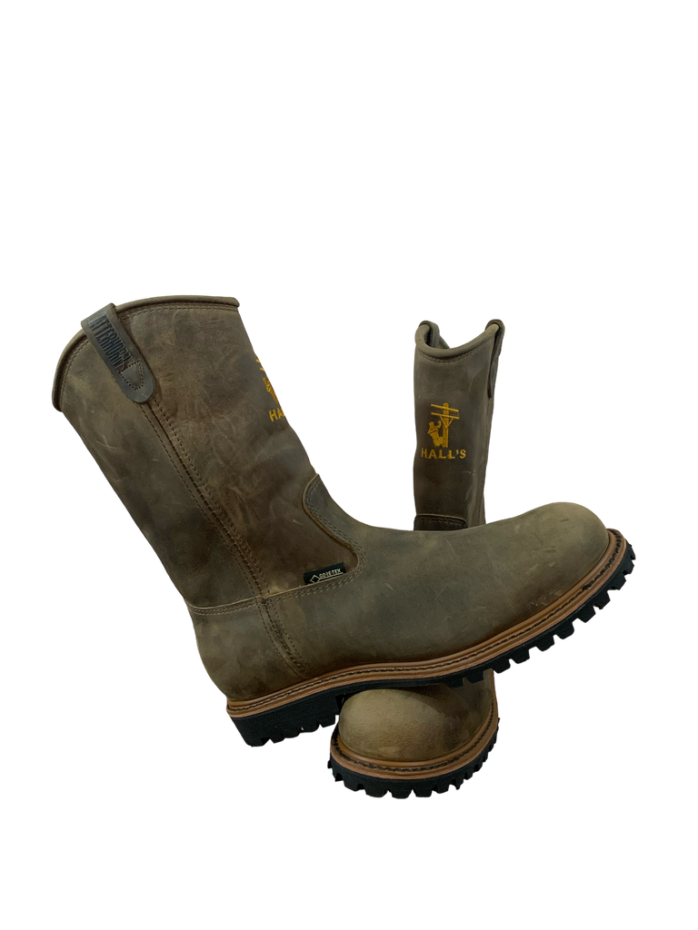 Work Boots-Hall's 640W Low Heel 12" Pull On Work Boot (Crazy Horse), Manufactured In The USA.