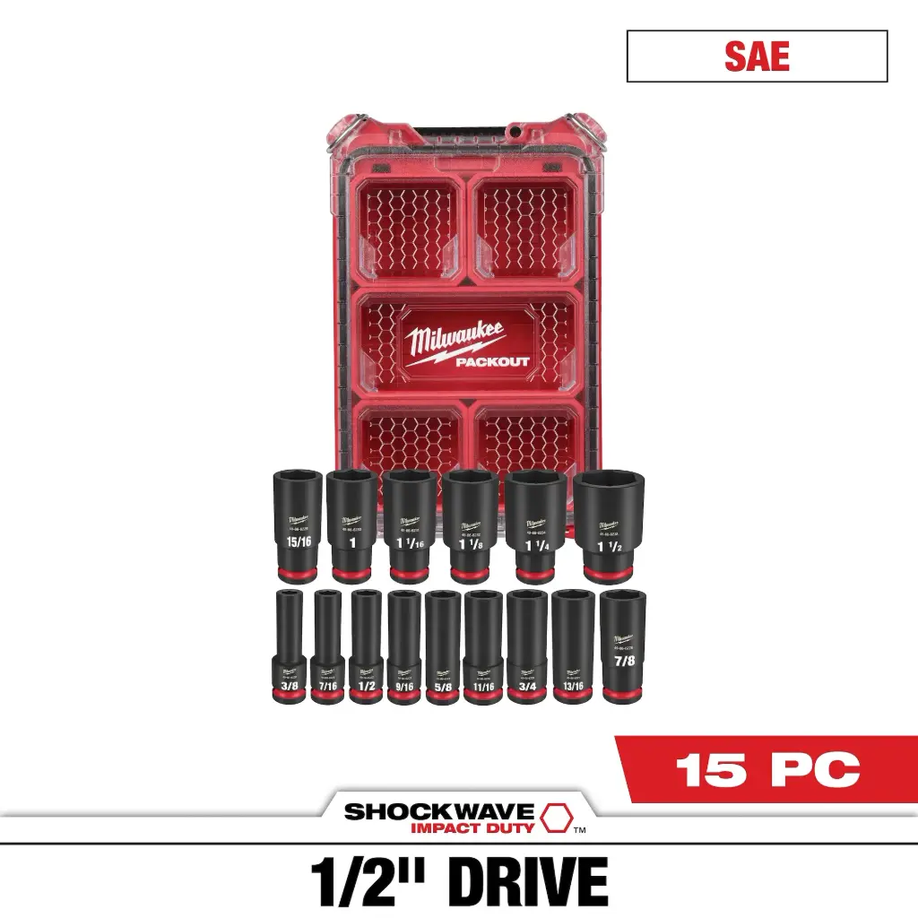 Milwaukee 49-66-6802, 15PC SHOCKWAVE™ Impact Duty Socket 1/2” Drive SAE Set with PACKOUT™
