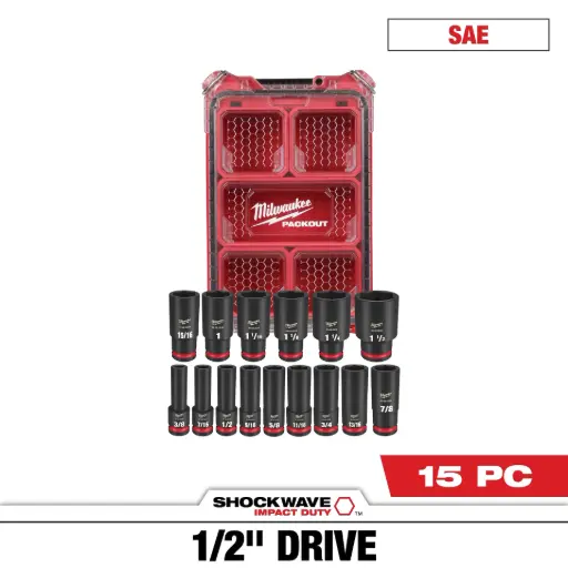 [49-66-6802] Milwaukee 49-66-6802, 15PC SHOCKWAVE™ Impact Duty Socket 1/2” Drive SAE Set with PACKOUT™